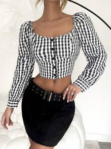 Calvaya Puff Sleeve Cropped Plaid Shirt, Casual Autumn