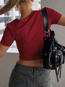 DAZY 女士圆领修身短袖短款罗纹 T 恤 - 紅色 - 查看 4