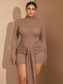 SHEIN BAE Vestido mini ajustado de Body con cuello alto, manga larga, cintura con lazo y volantes, de tela transparente y color camello, talla grande para mujer - Marrón - Ver 5