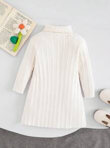 SHEIN Baby Girl Minimalist Ivory Knitted Turtleneck Long Sleeve Dress, Autumn/Winter