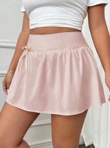 SHEIN EZwear 大码粉色蝴蝶结迷你百褶裙 - 粉色 - 查看 3