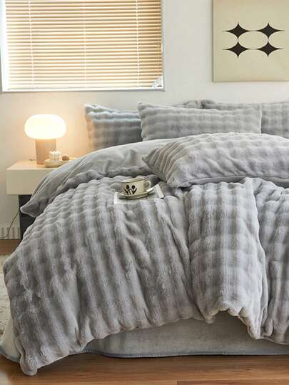 3pcs Pale Grey Plush Flannel Duvet Cover Set, Suitable For Bedroom Bed, Soft Comforter Cover & Pillowcases, Machine Washable