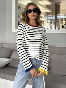 EURMUSE Women Stripe Pattern Round Neck Drop Shoulder Pullover - Multicolor - View 1