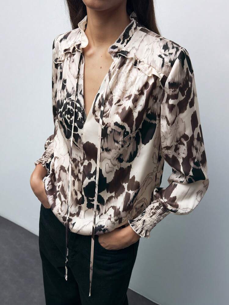 SHEIN Maija Women's Brown Floral Print Patchwork Frill Trim Satin Crepe Long Sleeve Elegant Casual Resort Blouse, Early Spring