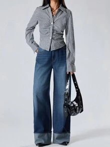 LYSMO Women's Casual Long Sleeve Striped Ruched Blouse For Spring & Summer