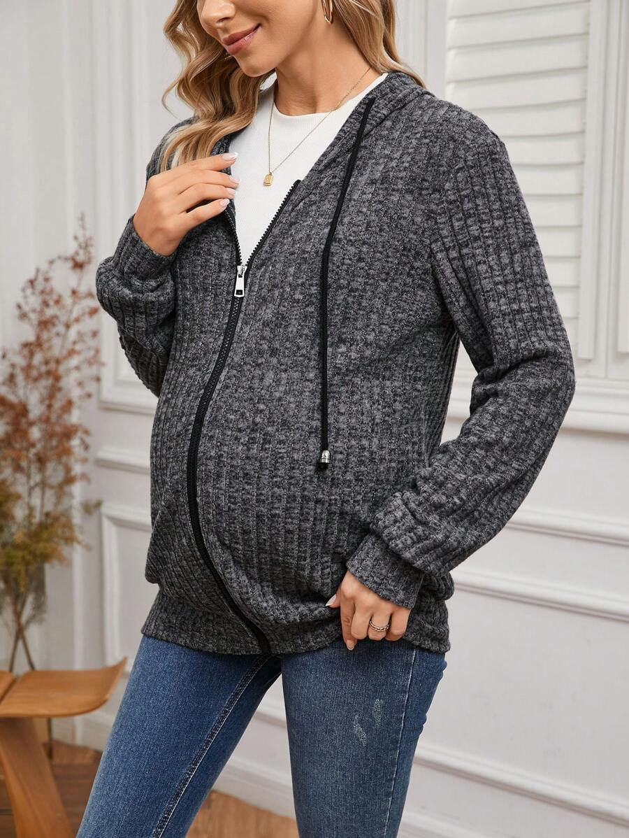 SHEIN Maternity Casual Solid Ribbed Comfortable Zipper Front Drawstring Hoodie Jacket, Spring/Autumn - Dark Grey - View 1