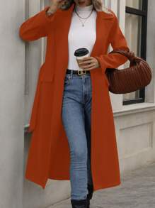 Chiquease 女士优雅通勤休闲翻领腰系带长袖长款大衣 - 亮橙色 - 查看 6