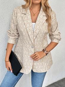 Plus Size Front Button Jacquard Elegant Long Sleeve Blazer - Grey - View 1