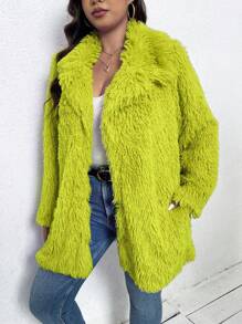Calvaya Plus Size Effen Kleur Fluffy Kraag Lange Mouw Thermische Jas, Herfst/Winter