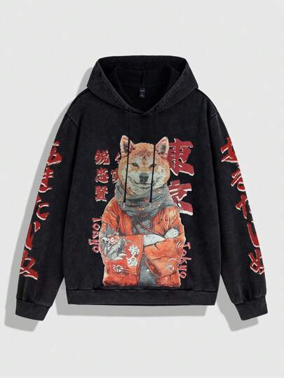 Anime Men's Animal Graphic Print Casual Thermal Lined Hoodie Sweatshirt
