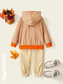 SHEIN 2pcs Young Boys Cute/Vintage/Fun/Cartoon Turkey Print Hoodie Sweatshirt & Pants Set, Thanksgiving Spring/Autumn/Winter - Multicolor - View 2