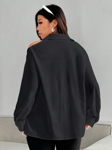 Flirla Plus Size Women Minimalist Style Long Sleeve Blouse, Multifunctional Hollow Fake Collar Top With Button Front And Open Shoulder Design Women Shirt