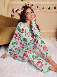 Christmas Tree Print Pajama Set For Women, Christmas, Fall Winter Clothes - Multicolor - View 5