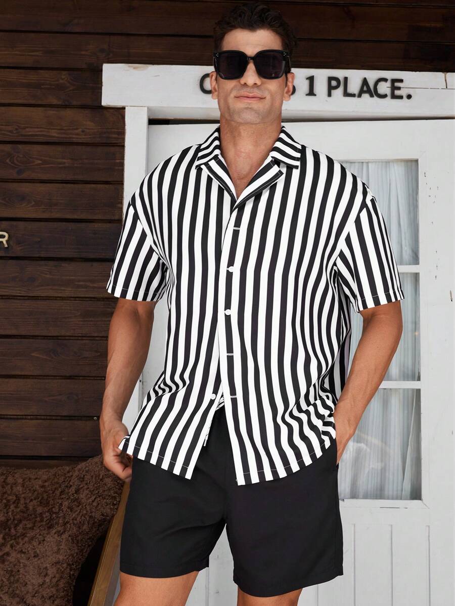 Surfspeed Men's Striped Print Front Button Short Sleeve Top And Solid Color Pocket Casual Beach Shorts Set - Black and White - View 1