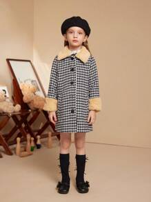 PrepCrw Young Girls Houndstooth Print Pocket Front Button Elegant Winter Long Sleeve Coat