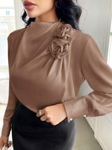 Modelyn Blusa casual de mujer de unicolor con decoración floral 3D de manga larga