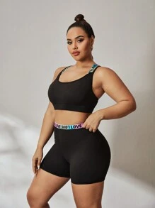 Gameset SHEIN Sport Bộ đồ thể thao cỡ lớn: Quần lót thoải mái có dây thun phổ biến, quần đùi thể thao - màu đen - Xem 2