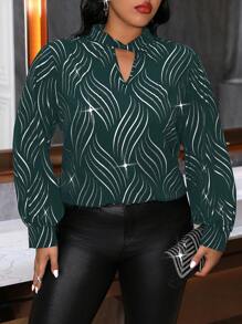 Celure 大码女式金箔扭纹镂空长袖优雅衬衫