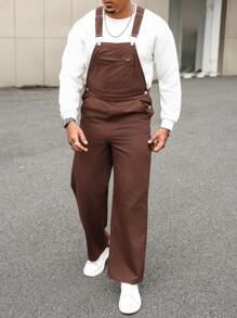 Manfinity Homme 男式深棕色牛仔宽松背带裤 - 咖啡棕 - 查看 4