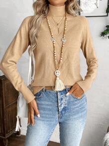 EMERY ROSE 女士休闲纯色高领毛衣，秋冬 - 駝色 - 查看 4