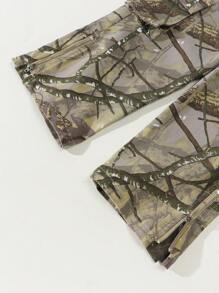 SHEIN Explorewe 年轻女孩复古迷彩宽松日常百搭舒适侧拉链褶皱多口袋工装阔腿裤 - 軍綠色 - 查看 8