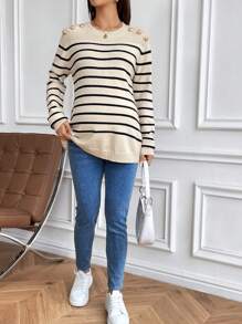 SHEIN 孕妇条纹圆领纽扣装饰长袖休闲针织毛衣，秋冬