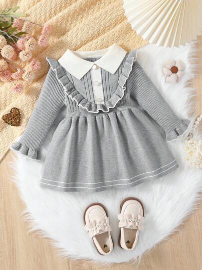 SHEIN 女婴撞色领长袖荷叶边拼接可爱毛衣裙，秋冬