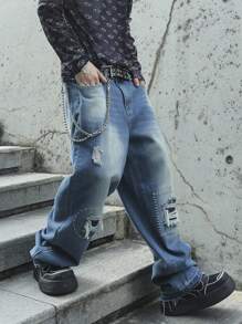 Manfinity EMRG Men's Pocket Ripped Straight Loose Casual Baggy Jeans - Light Wash - View 4