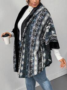 SHEIN CURVE+ Plus Geo Print Hooded Batwing Sleeve Coat - Black - View 7