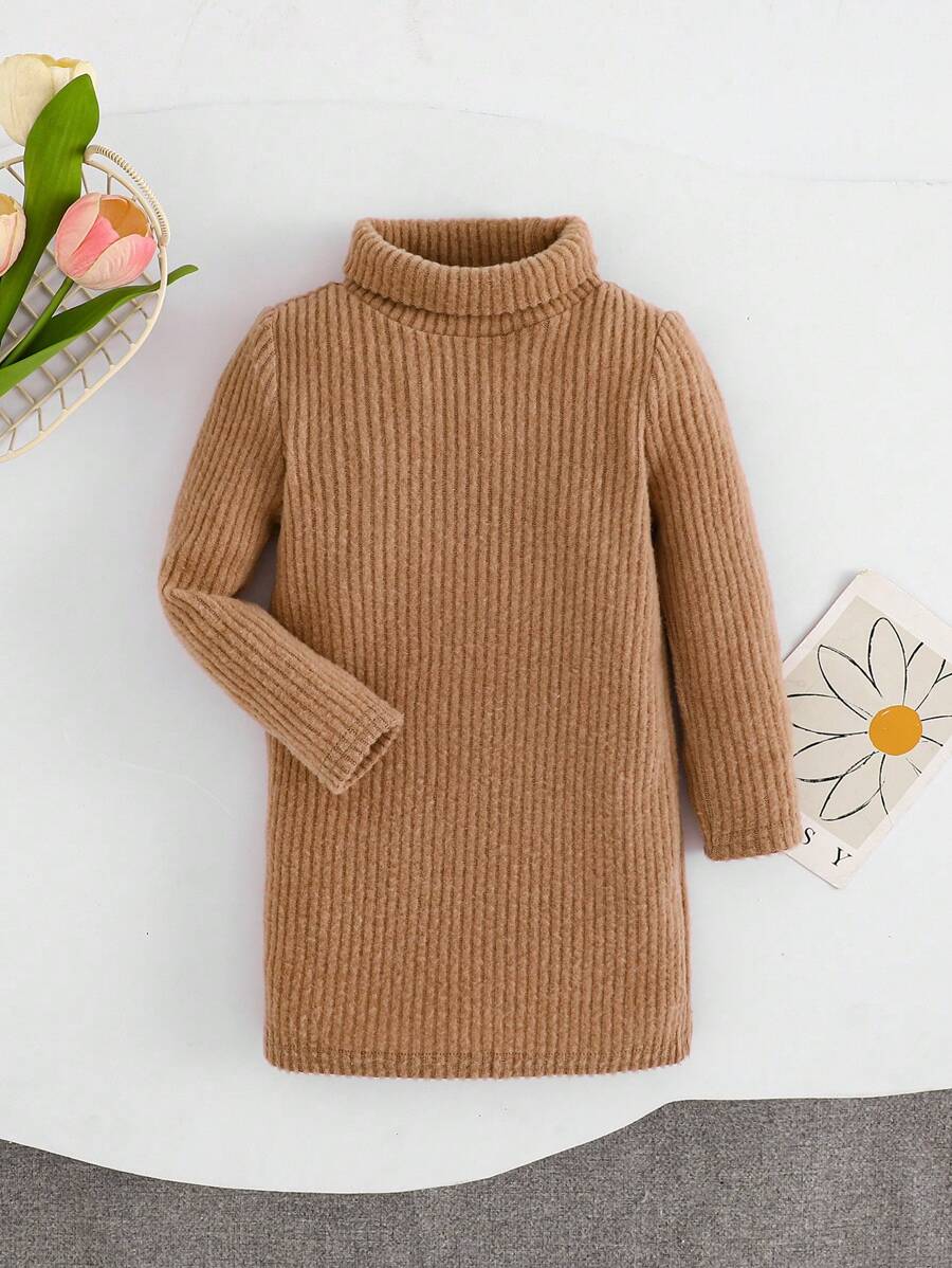 SHEIN Leap Crew 女宝宝秋冬可爱针织弹力高领长袖连衣裙 - 卡其色 - 查看 1