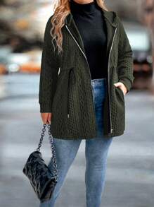 SHEIN LUNE 秋季大码女式休闲纯色抽绳腰部拉链连帽外套