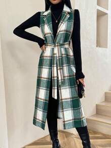 SHEIN Clasi Women's Spring Fall Plaid Lapel Sleeveless Long Casual Woolen Coat - Green - View 3