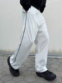 Mainfolk Men's Casual Woven Loose Elastic Waist Straight Leg Pants - White - View 3