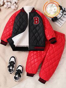 2 件装年轻男孩休闲保暖羊毛加垫棒球领红色撞色卡其色宽松服装，包括夹克和裤子，适合旅行、上学、日常聚会、秋冬季 - 彩色 - 查看 1