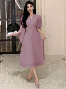 DAZY 纯色V领褶皱雪纺中长连衣裙，适合女士，生日、新年、舞会等场合，秋季长袖连衣裙，优雅女装 - 粉色 - 查看 5