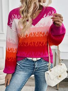 Chiquease Multi-Color Patchwork V-Neck Lantern Sleeve Thick Warm Pullover Sweater For Women Knit Pullover Fall Winter Outfit - Multicolor - View 5