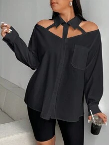 Flirla Plus Size Women Minimalist Style Long Sleeve Blouse, Multifunctional Hollow Fake Collar Top With Button Front And Open Shoulder Design Women Shirt