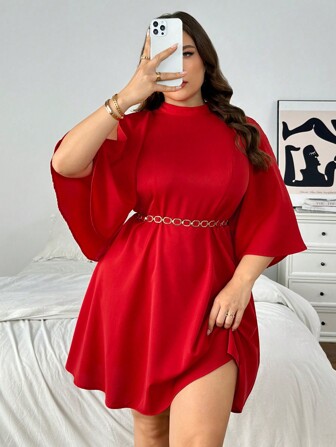 SHEIN Privé Plus Size Women Batwing Sleeve Halterneck A-Line Dress, Burgundy, Loose Fit, Suitable For Wedding, Vacation, New Arrival