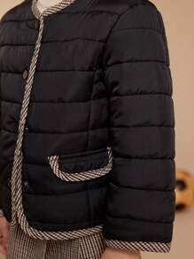 PrepCrw Young Girls' Brown Plaid Pattern Black Long Sleeve Round Neck Winter Coats, Autumn/Winter - Black - View 3