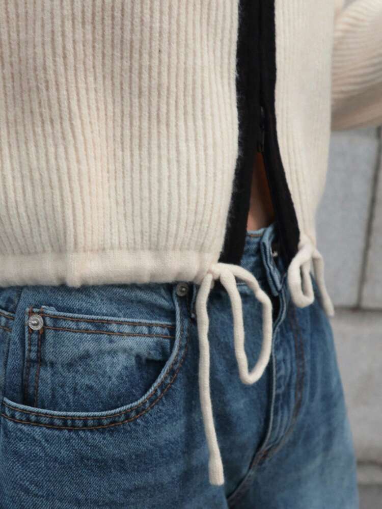 Cárdigan con cremallera, cuello alto, manga larga, suelto y con cordón para mujer, ropa de mujer de otoño