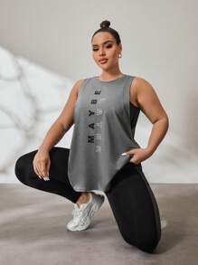 SHEIN Rhythm Era 加大码纯色字母印花圆领背心和撞色长裤运动套装，夏季健身女式套装 - 彩色 - 查看 6