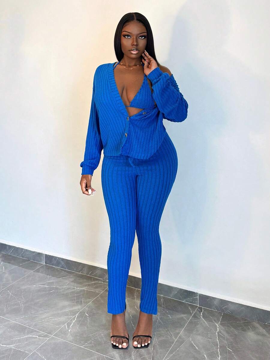 BamGleam 2 Stücke Set aus geripptem Langarm-Oberteil und Hose in Unifarbe, Lässig, Herbst