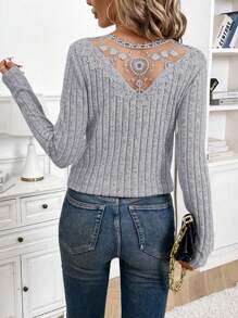 SHEIN Frenchy Women Casual Patchwork Ribbed Lace Long Sleeve T-Shirt For Autumn