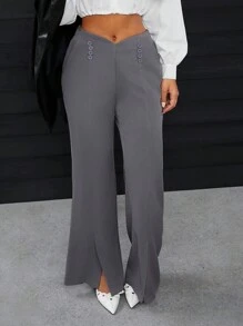 SHEIN SXY 休闲优雅高腰前开衩直腿女式正装长裤 - 灰色 - 查看 5