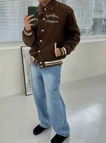 DAZY Men Letter Embroidered Single Breasted Casual Jacket, Autumn' - Brown - View 7