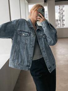 DAZY 女士休闲宽松单排扣牛仔夹克，适合秋季，返校服装 - 藍色 - 查看 2