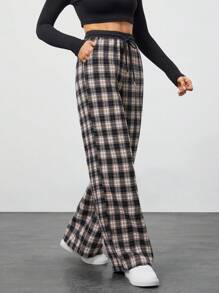 SHEIN Tall Contrast Color Black And White Plaid Versatile Casual Texture Design Loose Trousers - Black and White - View 5