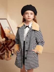 PrepCrw Young Girls Houndstooth Print Pocket Front Button Elegant Winter Long Sleeve Coat