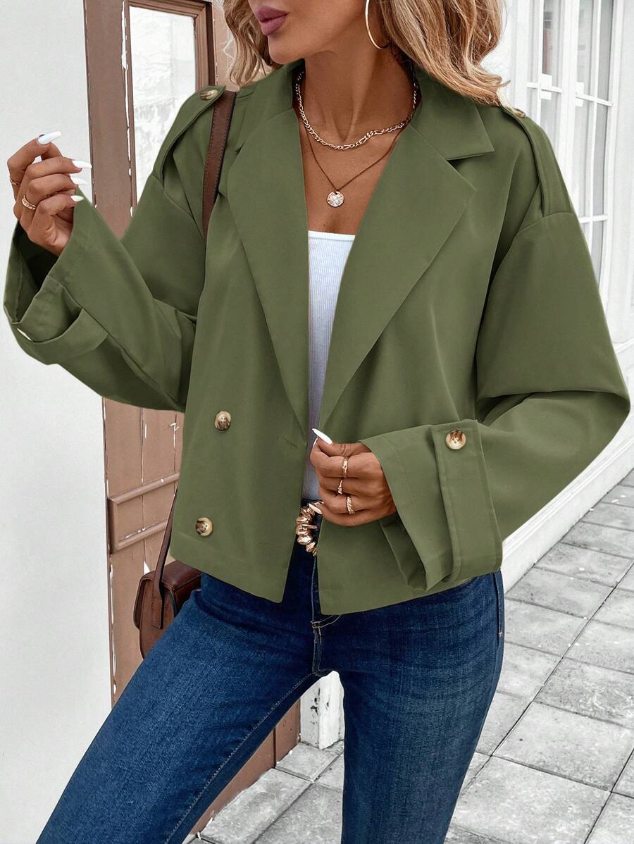 SHEIN LUNE Manteau trench style court décontracté et pratique pour femme - Vert - Voir 1