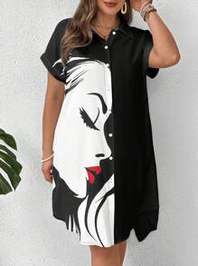 SHEIN LUNE Stil cămașă Portret de buze roșii și profil, cu nasturi, cu mânecă scurtă, guler, contrast, rochie de mărime mare, pentru vară